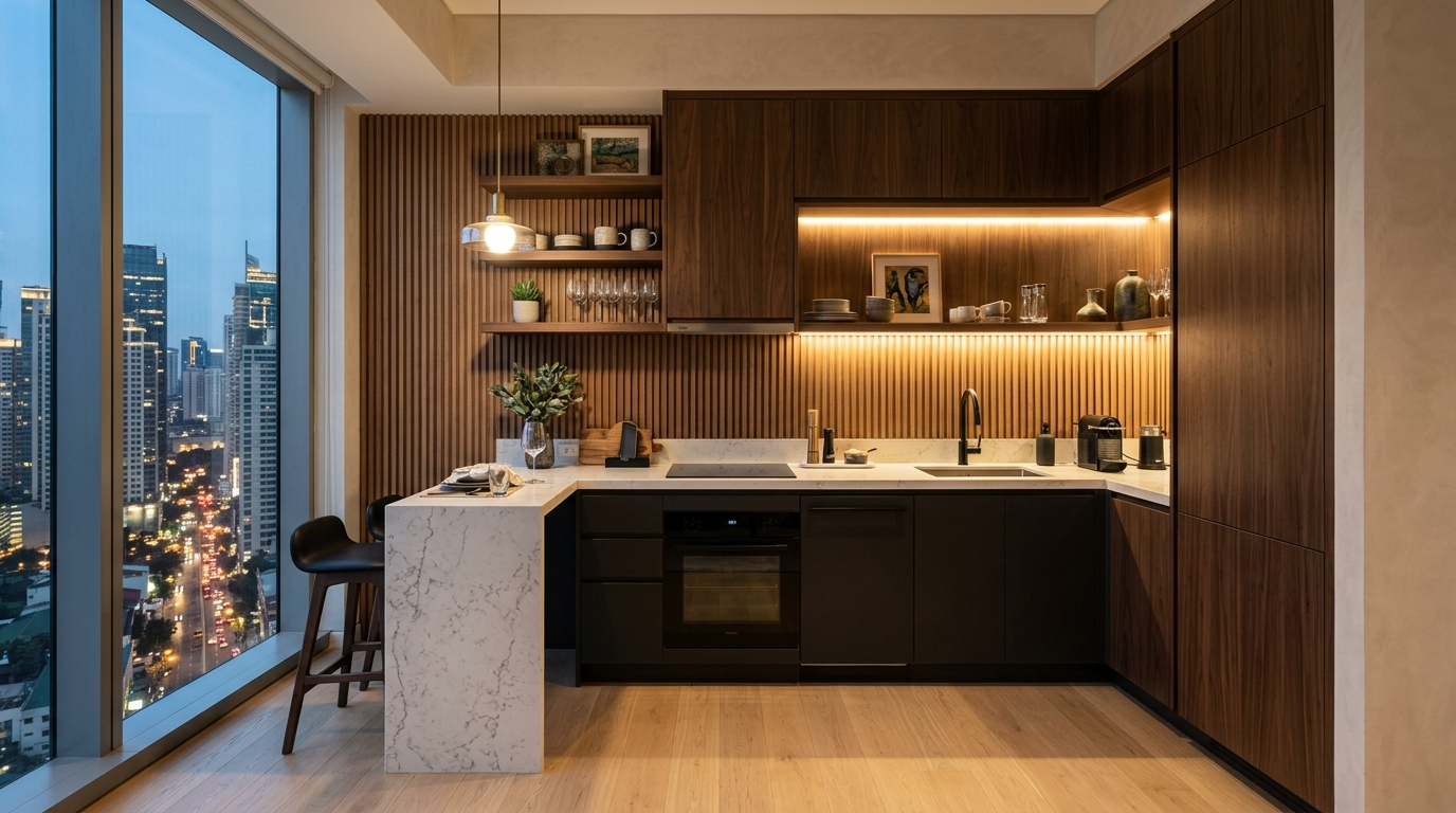 High-Rise Modern Condo Fit-Out with Built-in Kitchenette and Fluted Slats