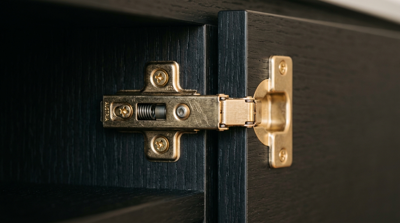Macro close-up of authentic Blum soft-close hinge and laser PUR edge-banding