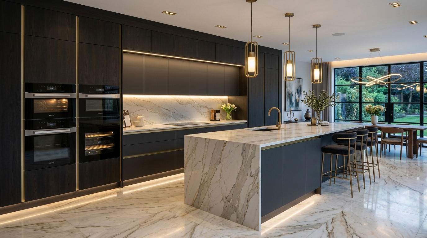 Modular Kitchen Makeover with Sintered Stone Waterfall Island by MaCho Woodworks