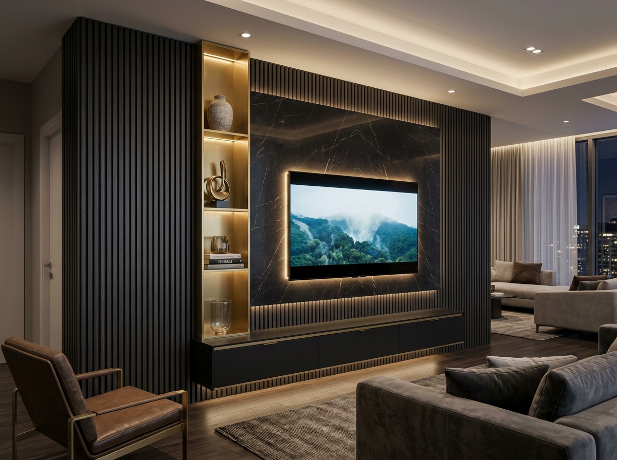 Fluted Wood Slats and Marble Accent Wall with Floating TV Console